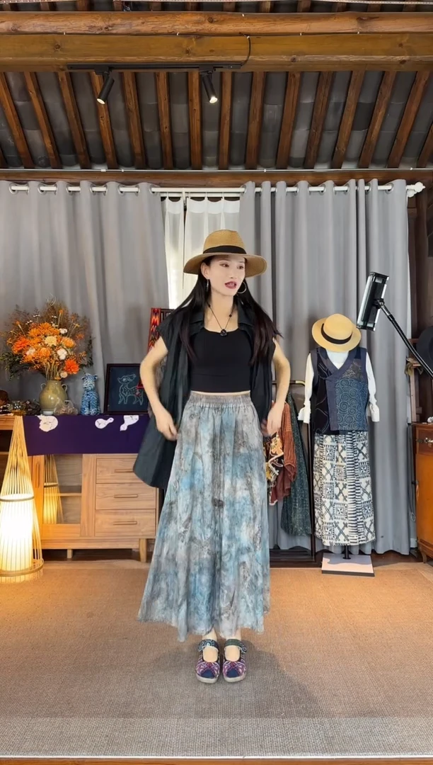 设计师款扎花亚麻半裙