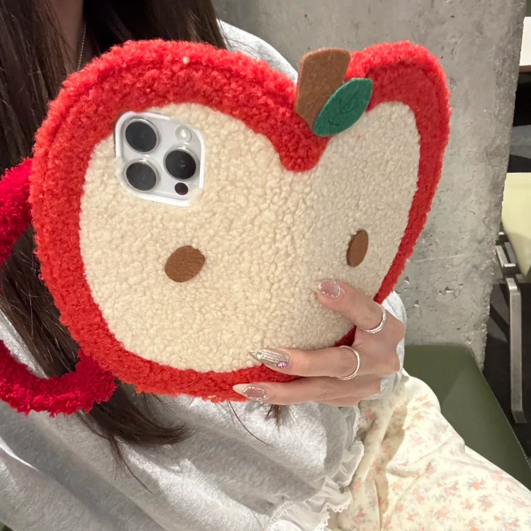 红苹果毛绒手提翻盖适用iPhone16promax秋冬15pro手机壳14可爱13