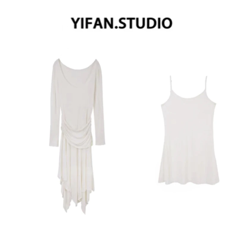 YIFAN春季新款不规则下摆连衣裙气质长袖薄款U领抽褶长裙子YF2521