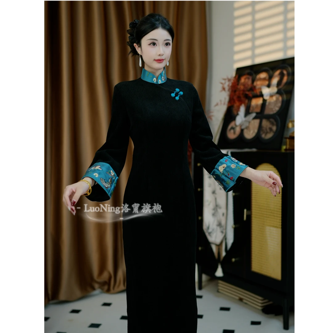 <青璃>[加绒款]中国风改良新中式港风收腰复古气质修身旗袍裙