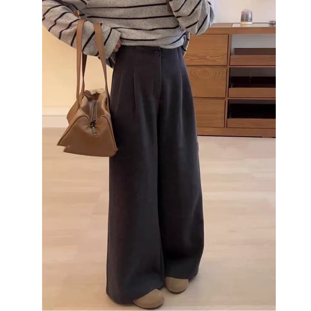 （现货➕运费险）慵懒高级感灰色毛呢裤子女款高腰直筒裤阔腿裤