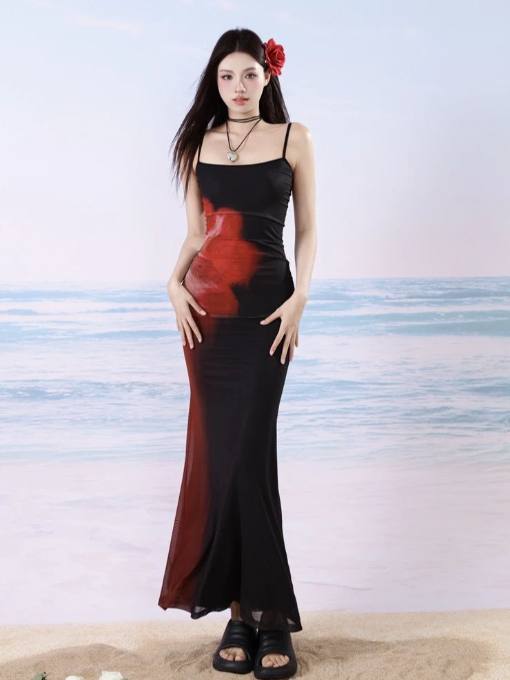 MOONSEE辣妹花花印花弹力网纱收腰包臀吊带连衣裙女夏季鱼尾长裙