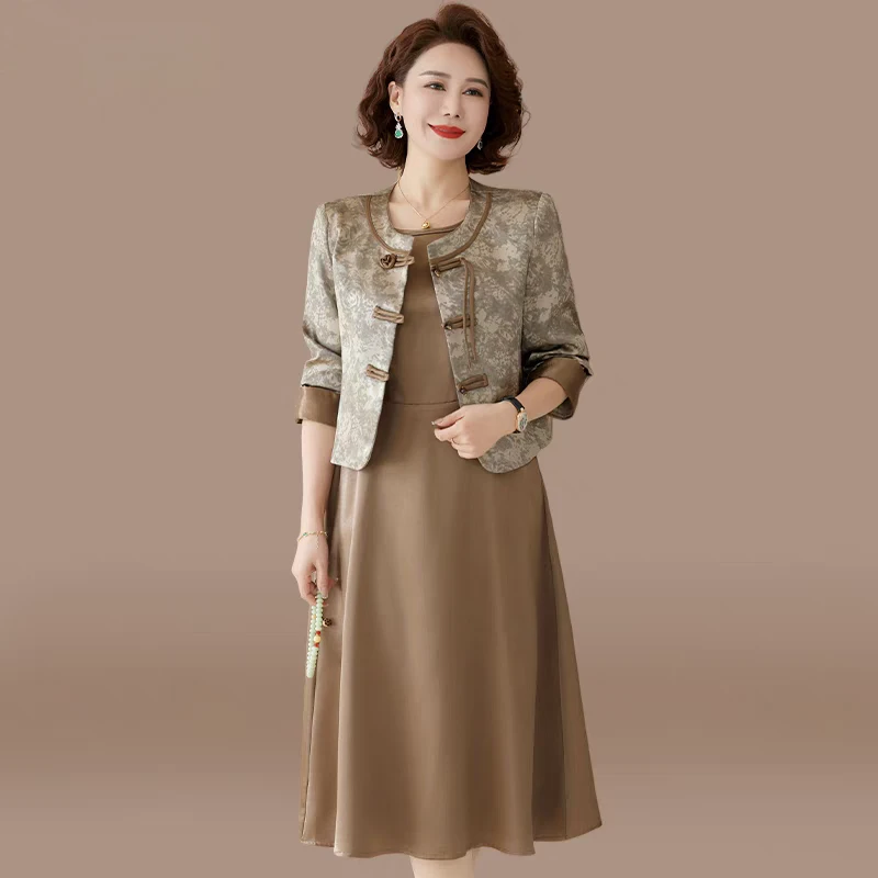 新中式妈妈春装连衣裙两件套中老年女装春秋套装裙子气质国风外套