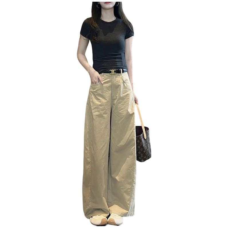 韩版简约通勤套装夏季薄款纯色正肩T恤时尚高腰休闲阔腿裤子洋气