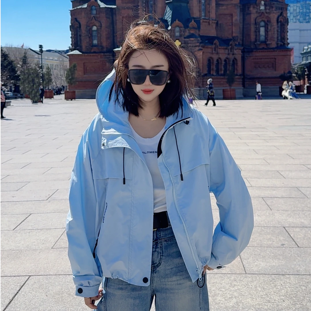 【静轩优选】25年时尚百搭春季拉链短外套字母印花宽松连帽外套2708