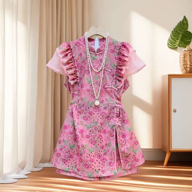 新中式套装女2025夏季时尚显瘦复古盘扣国风碎花上衣加短裤套装