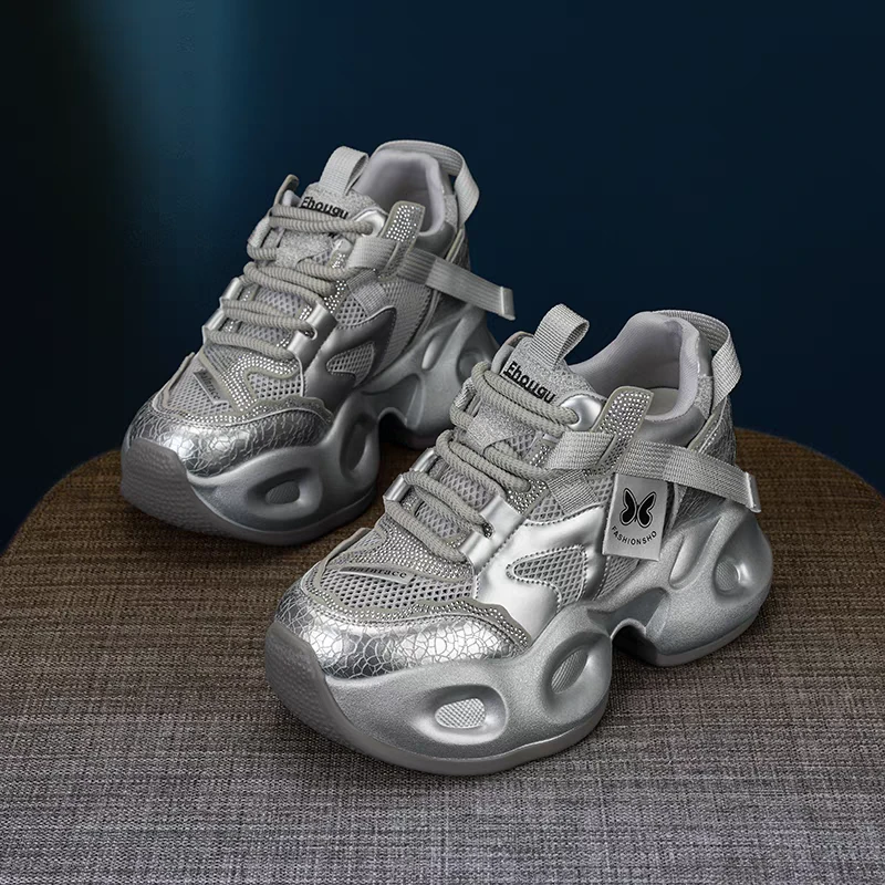 C5932  银色  时尚厚底圆头系带女休闲运动老爹鞋