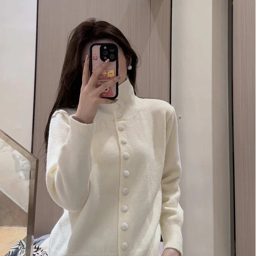 高领针织开衫女2024秋冬季复古慵懒风高级感宽松毛衣外套