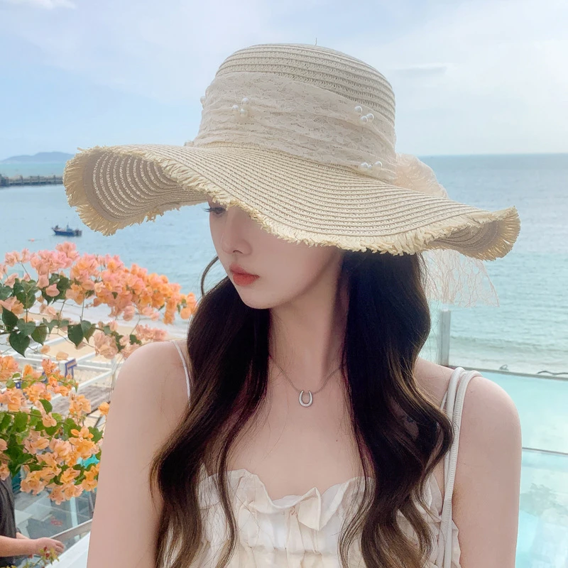 防晒夏季蝴蝶结女帽子太阳帽沙滩帽大沿帽海边超大帽檐草帽遮阳gh
