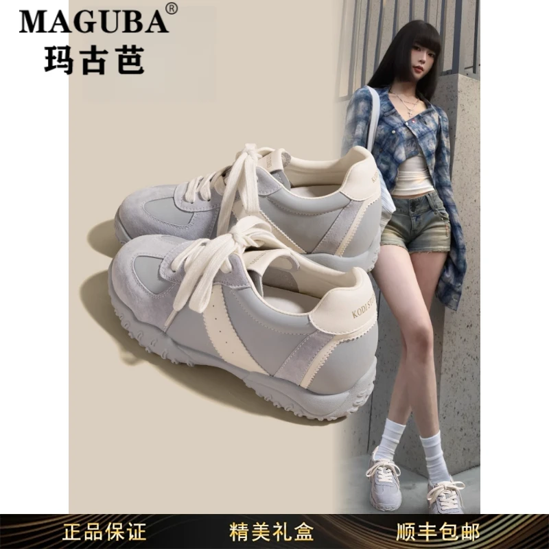 玛古芭女鞋圆头内增高休闲德训鞋女爆款厚底拼色小个子运动阿甘鞋
