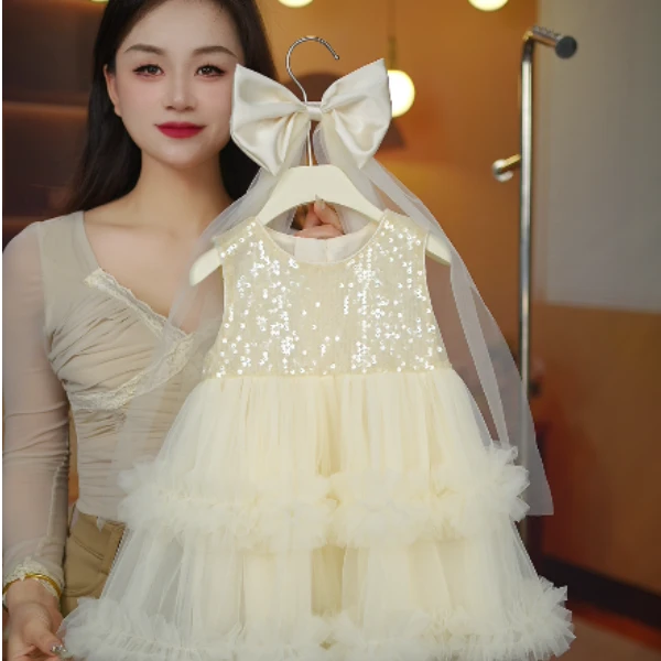 HM女童连衣裙2025夏季新款亮片蓬蓬裙女宝宝洋气儿童tutu公主裙