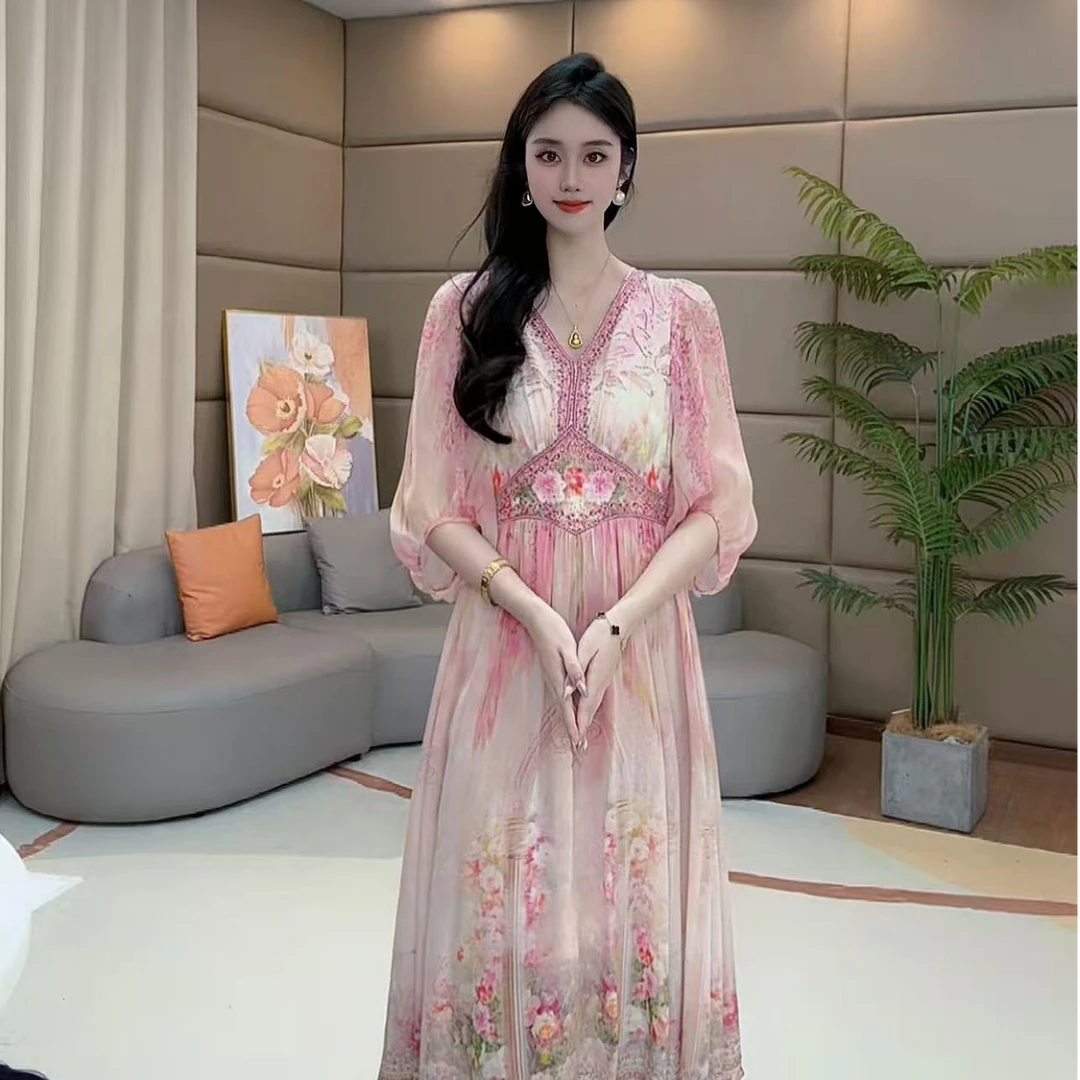 马洛克“粉黛”真丝连衣裙显瘦气质时尚修身收腰 80146