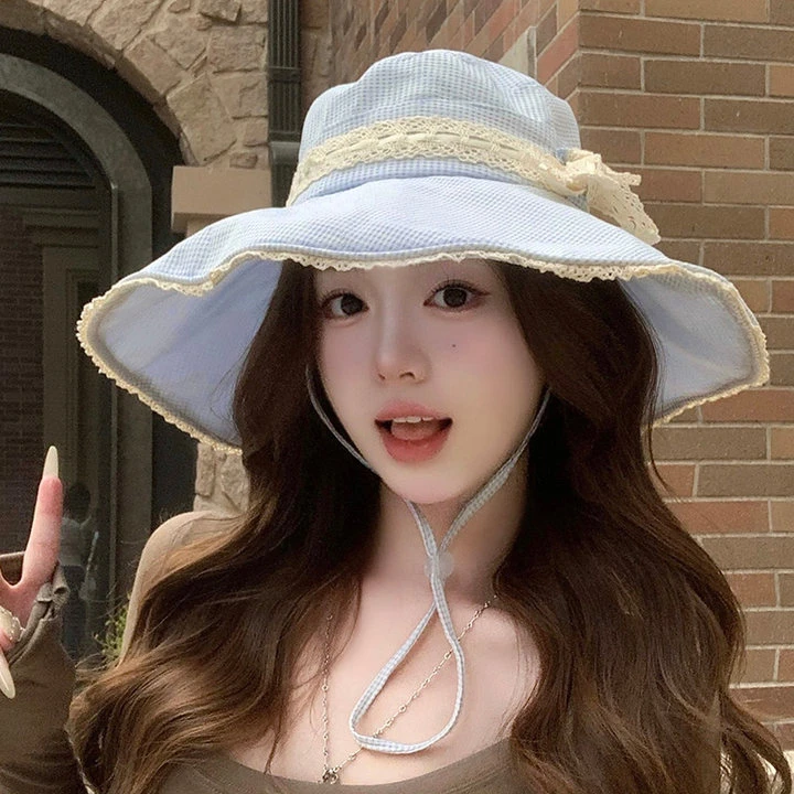 小清新蓝色格子蕾丝蝴蝶结渔夫帽女春夏大帽檐遮阳防晒帽太阳帽子