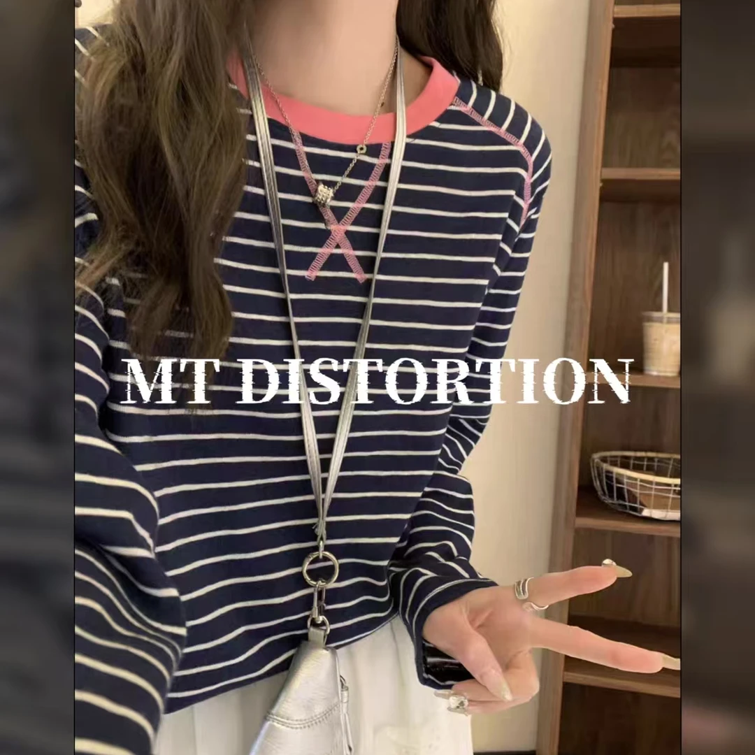 MT DISTORTION早春新款条纹轻薄长袖T恤女圆领套头打底衫-1859