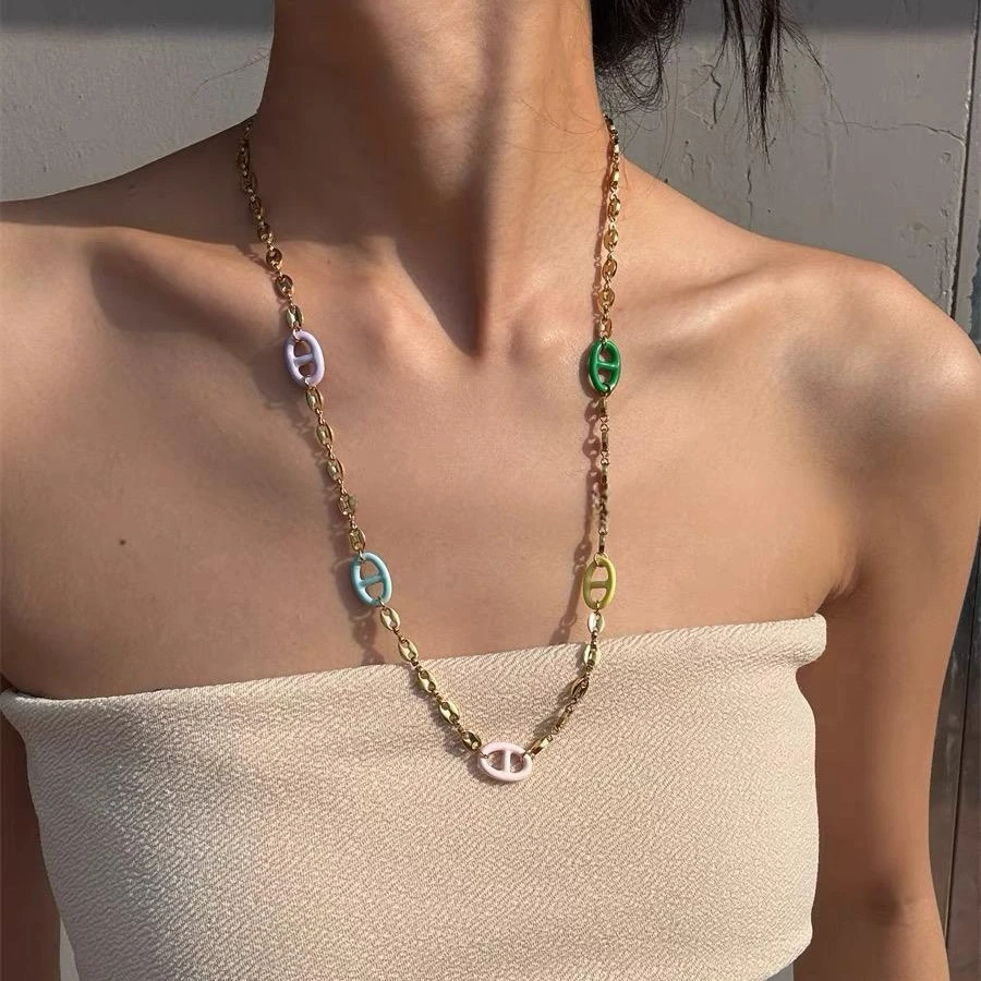 钛钢珐琅项链 春夏彩色珐琅猪鼻子项链休闲百搭设计感欧美ins项链