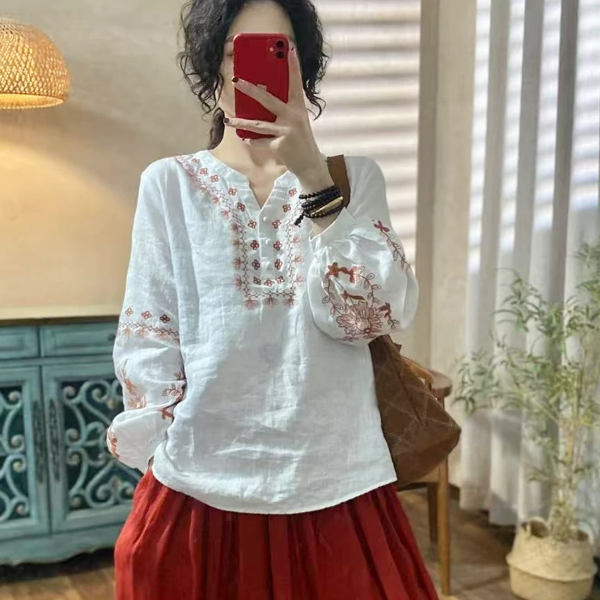 喜卓50572春季新款亚麻刺绣高级干净减龄感宽松衬衫