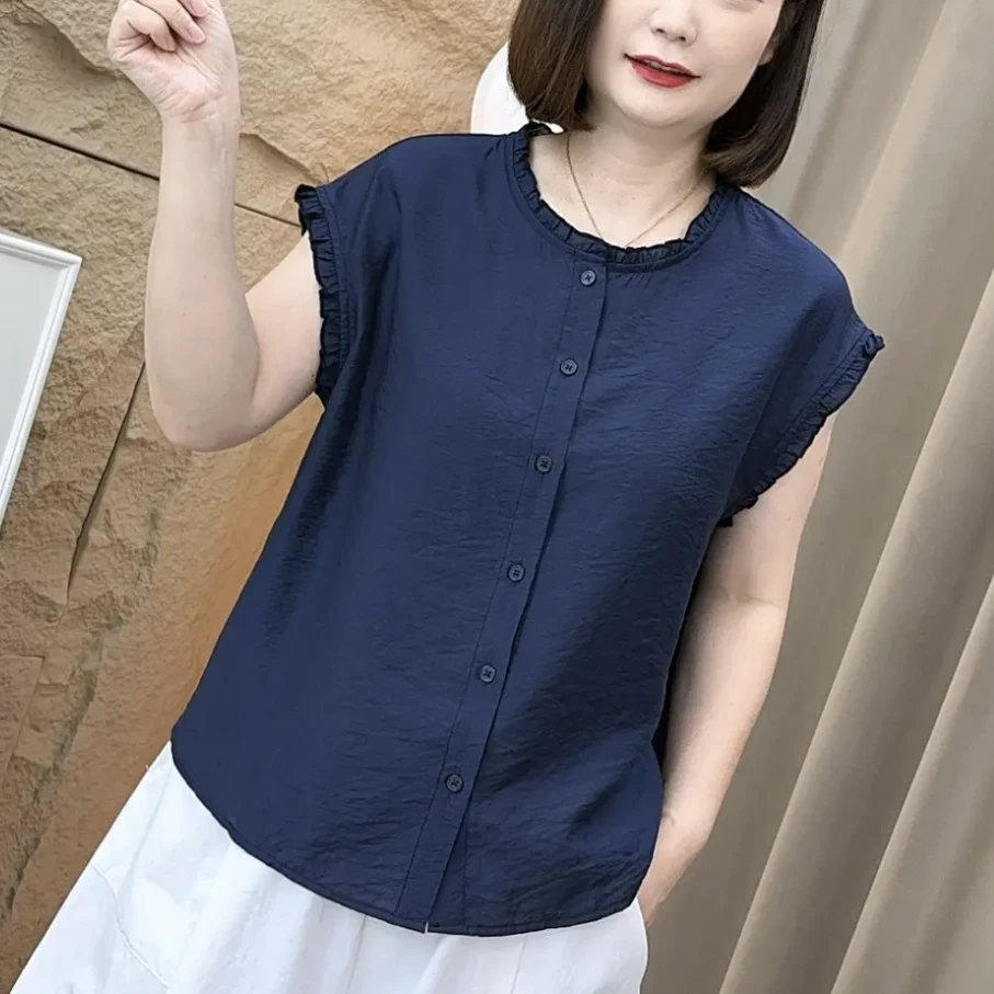 夏天新款时尚洋气正品流行百搭宽松女士短袖衬衫宽松显瘦纯色上衣