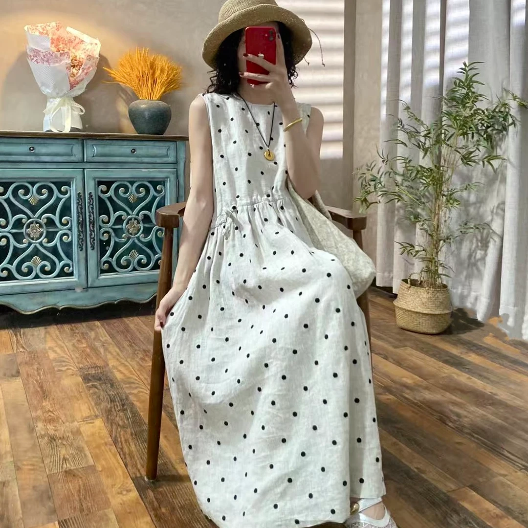喜卓620亚麻永不过时的经典波尔卡刺绣圆点复古时尚连衣裙