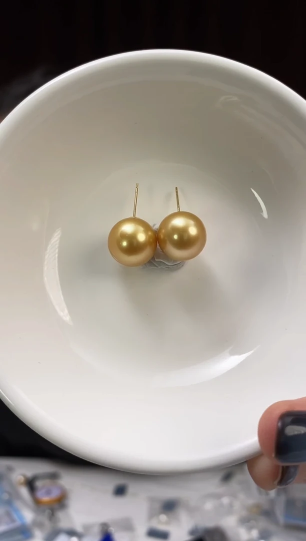 18K金镶嵌耳饰海水珍珠南洋金珍珠耳饰12-13