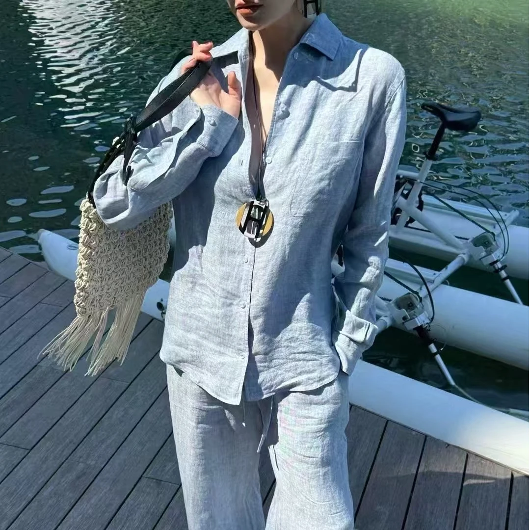 南油高奢【L*P*100%亚麻衬衫上衣】蓝色气质百搭修身春夏防嗮