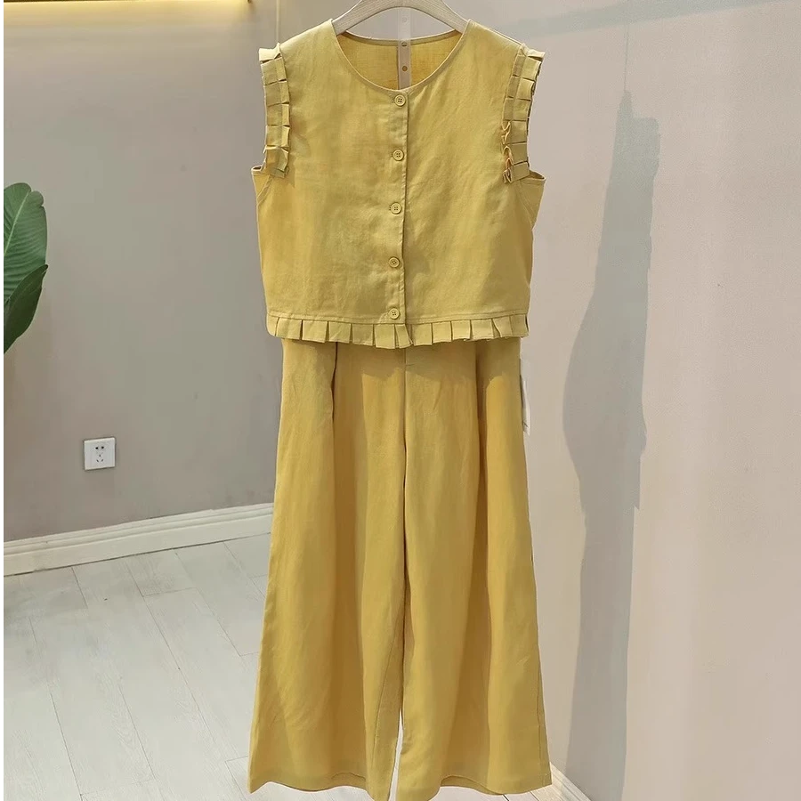 2025夏时尚高级感简约通勤圆领花边无袖背心+休闲阔腿裤两件套女