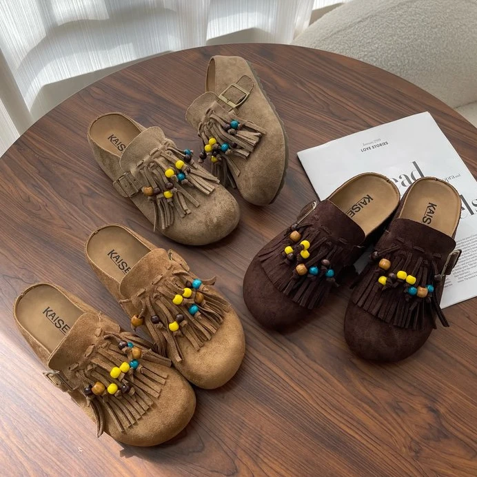 KAISER波西米亚风流苏幸运珠厚底勃肯包头半拖女休闲鞋KS7835