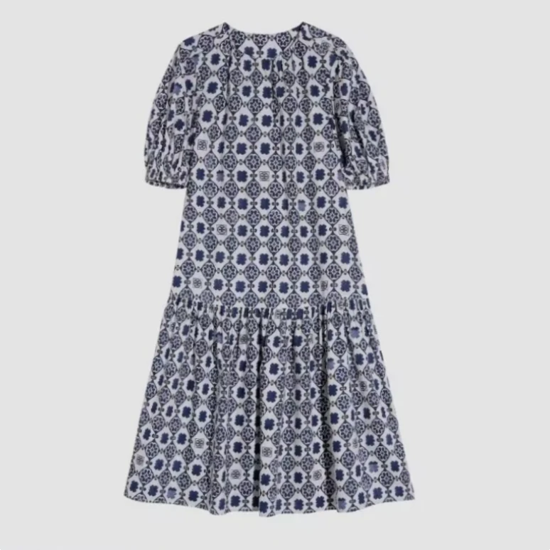 【菱格花】复古印花泡泡袖连衣裙女夏季新款气质长裙