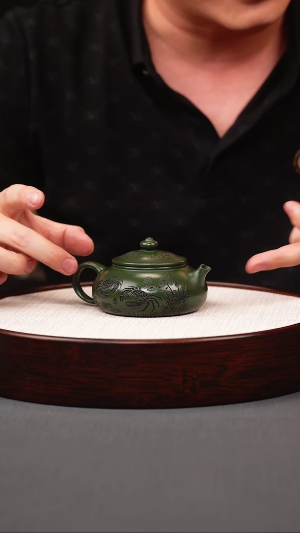 茶壶紫砂绿泥螃蟹寒江
