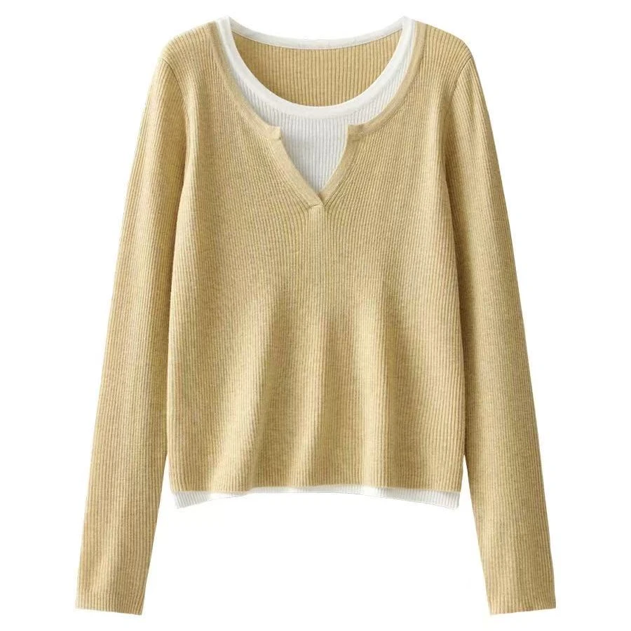 设计感黄色针织毛衣上衣春装新款修身内搭针织衫061