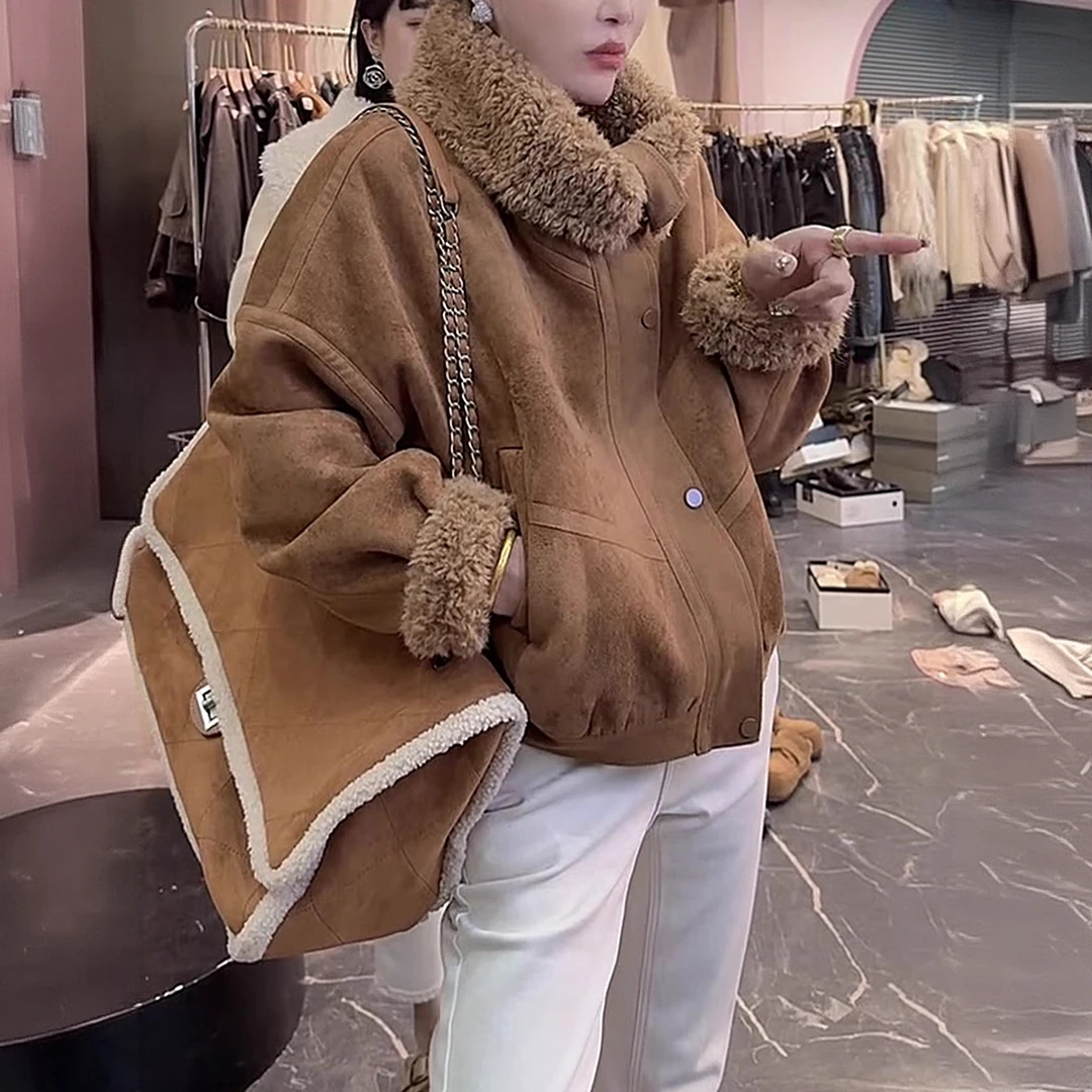 秋冬新款宽松遮肉显瘦纯色大领百搭通勤高级感女士毛毛上衣外套