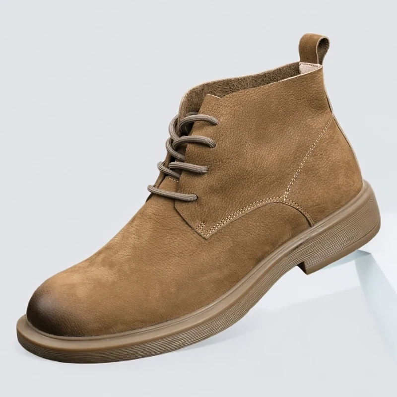 冬季马丁靴防滑潮流风男鞋高帮复古尖头系带潮流加棉男士真皮靴子