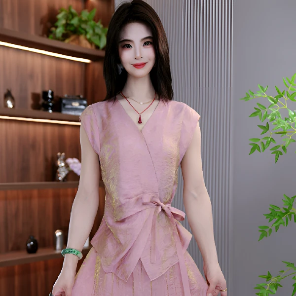 气质收腰修身夏季简约大气轻奢遮肉显瘦两件套套装M-4XL