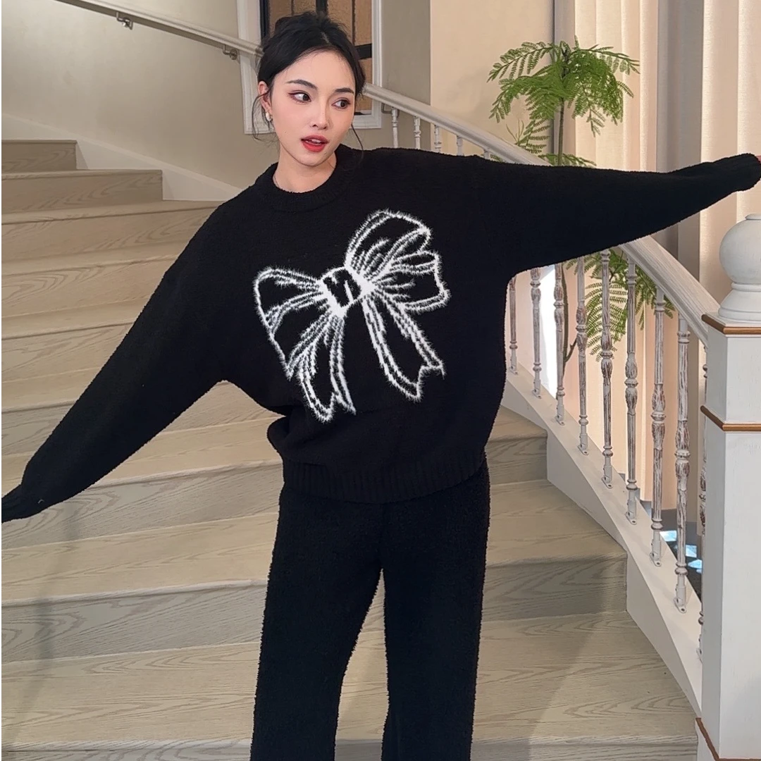 比迪维【半边绒白色蝴蝶结】男女同款轻奢舒适长袖两件套家居服