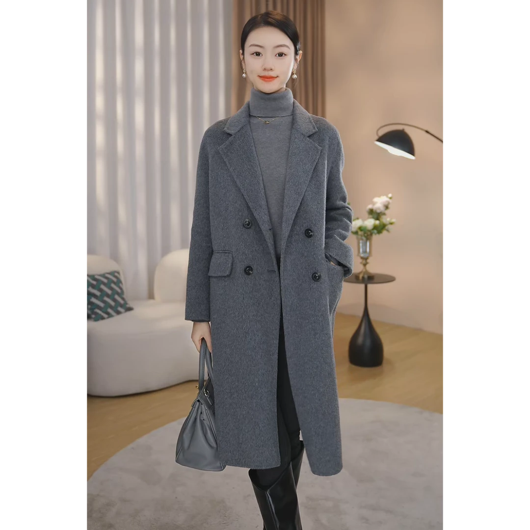【曼贝】高档双排扣双面绵羊毛大衣女中长款轻奢外套8284017【甜甜】