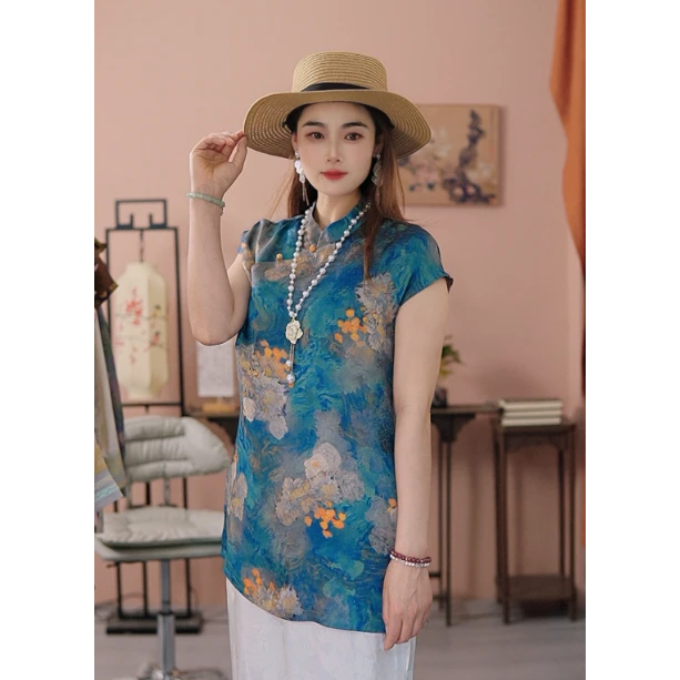 （枫蓝）花纹印染薄款碎花立领提花上衣无袖日常复古女装文艺