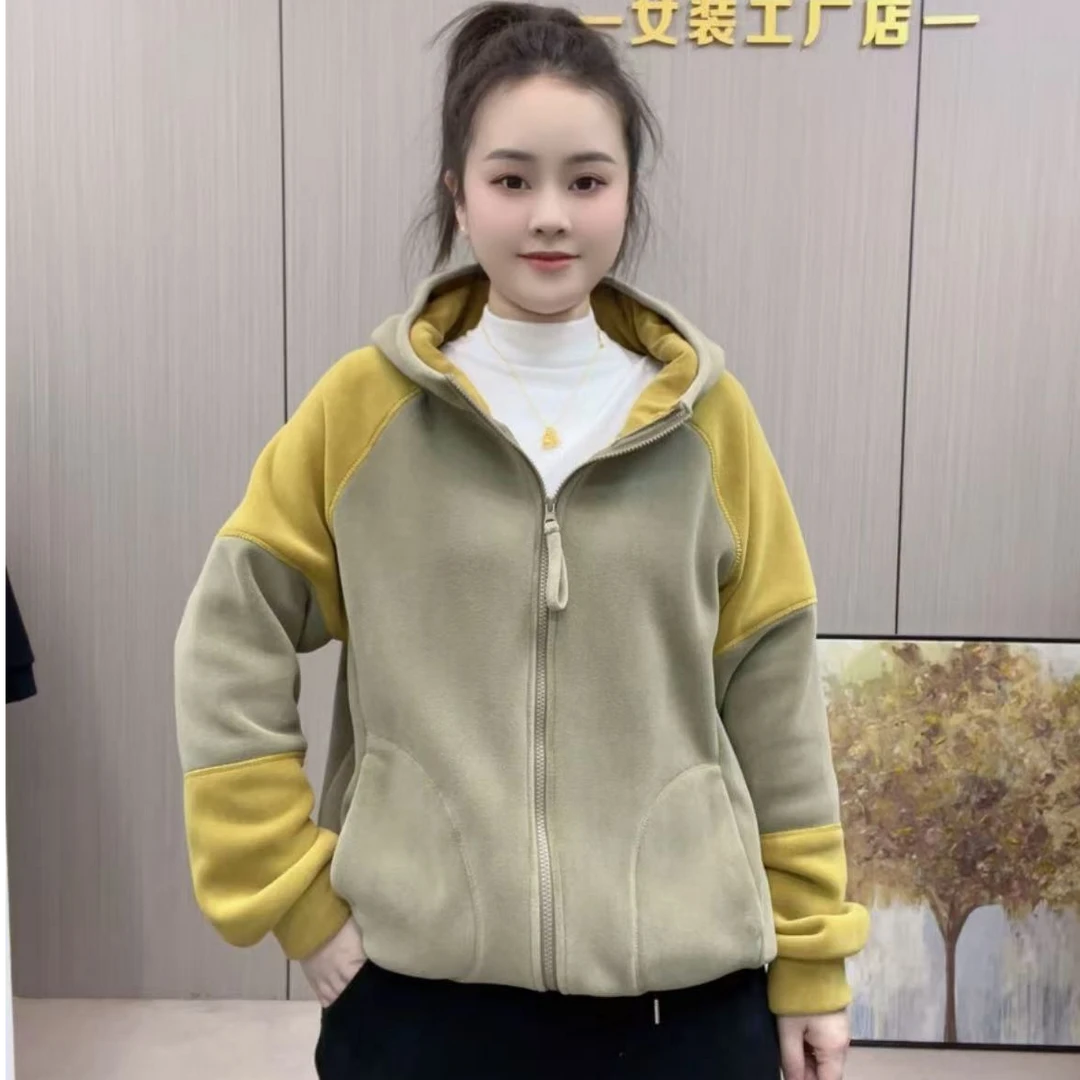 【沐沐】春秋新款时尚休闲百搭双面澳粒绒减龄加绒撞色连帽拼色外套