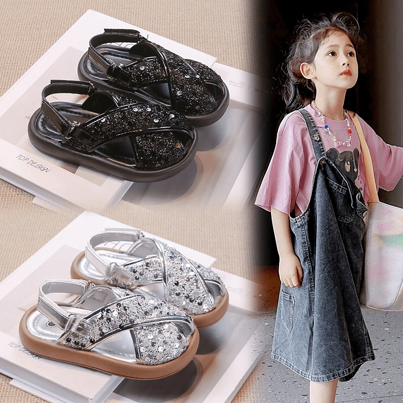 夏季新款中大童韩版女童凉鞋亮片闪闪时尚软底百搭公主风凉鞋