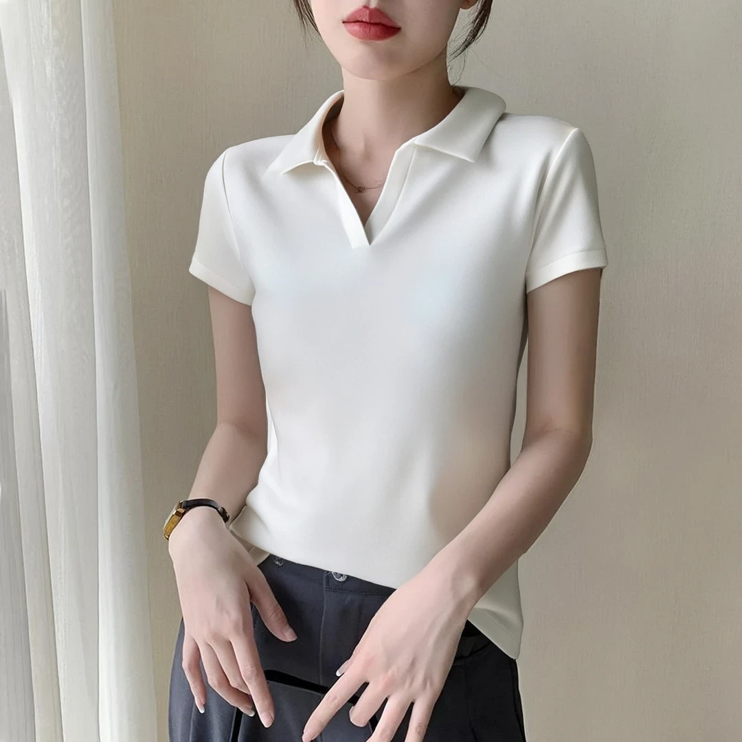 白色翻领正肩polo领短袖T恤女2025新款休闲气质感显瘦百搭运动风