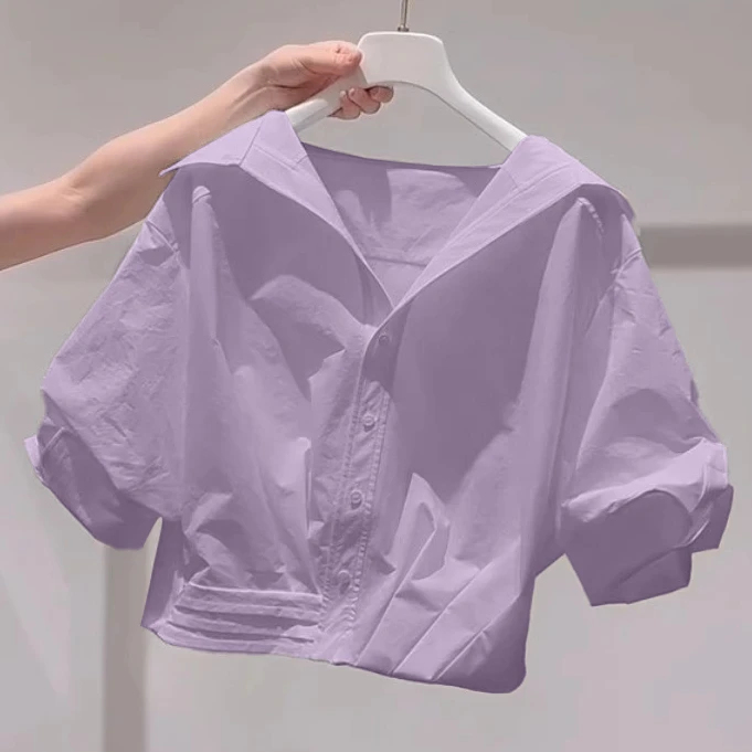 甜美可爱风格衣服翻领泡泡袖衬衫女2025夏爆款慵懒风宽松短款上衣