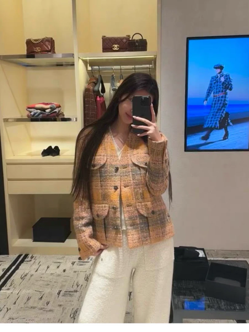 欧洲站 2025年秋装新款小香风V领四口袋粗花呢橘粉色气质名媛外套