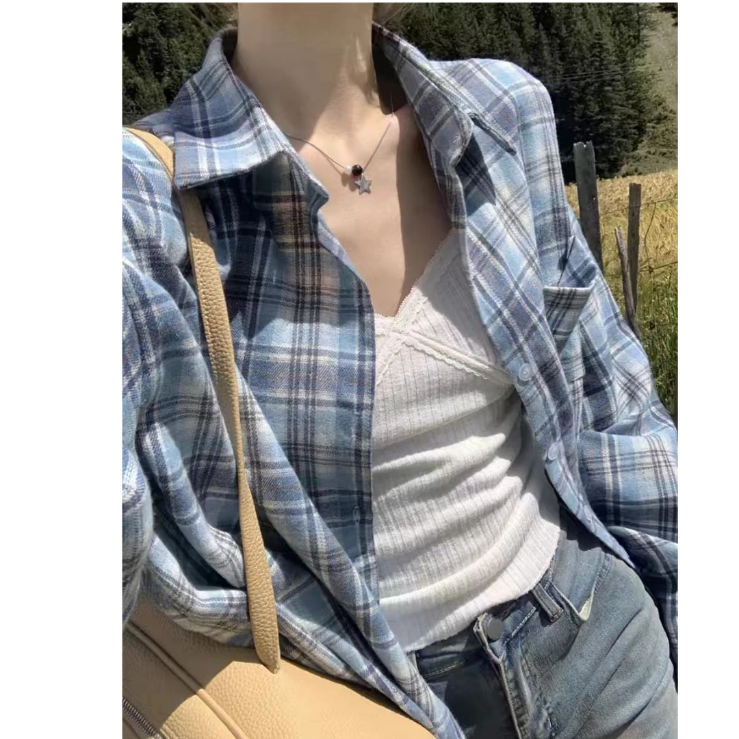 韩版宽松显瘦百搭慵懒潮流格纹长袖女装衬衫外套