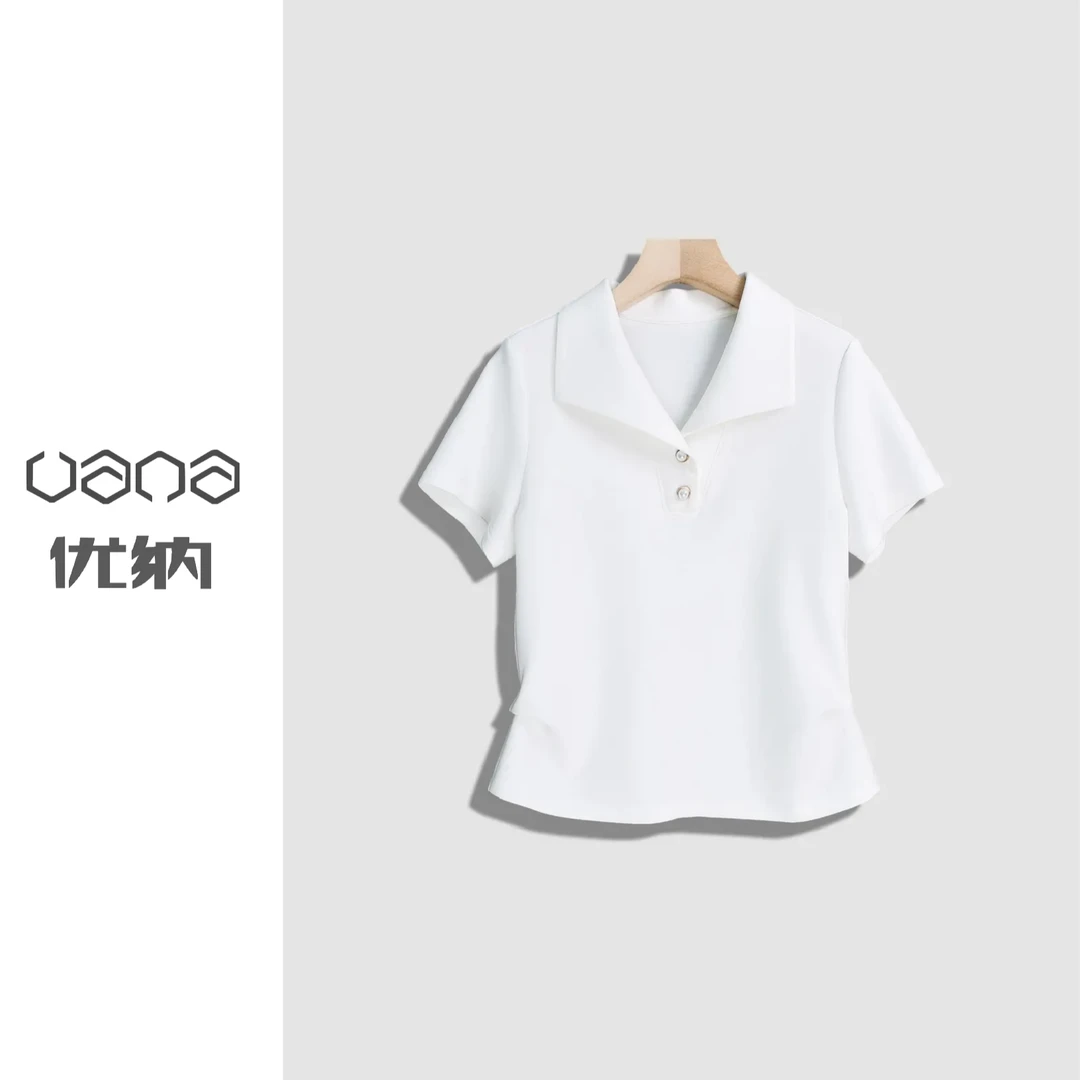 【优纳】Y天丝达克纶修身正肩短袖t恤女设计感时尚洋气褶皱收腰上衣