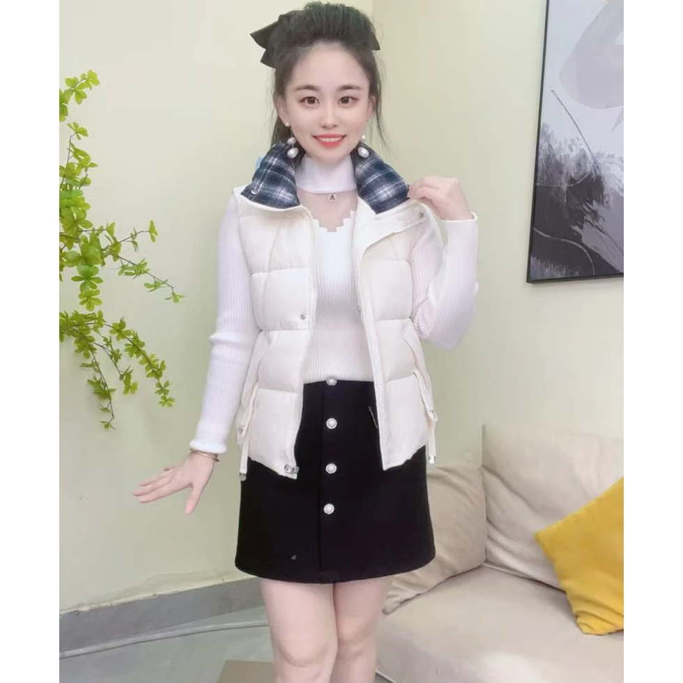 淑女日记   领口格子拼接保暖街头风时尚女装修身显瘦短款马甲121