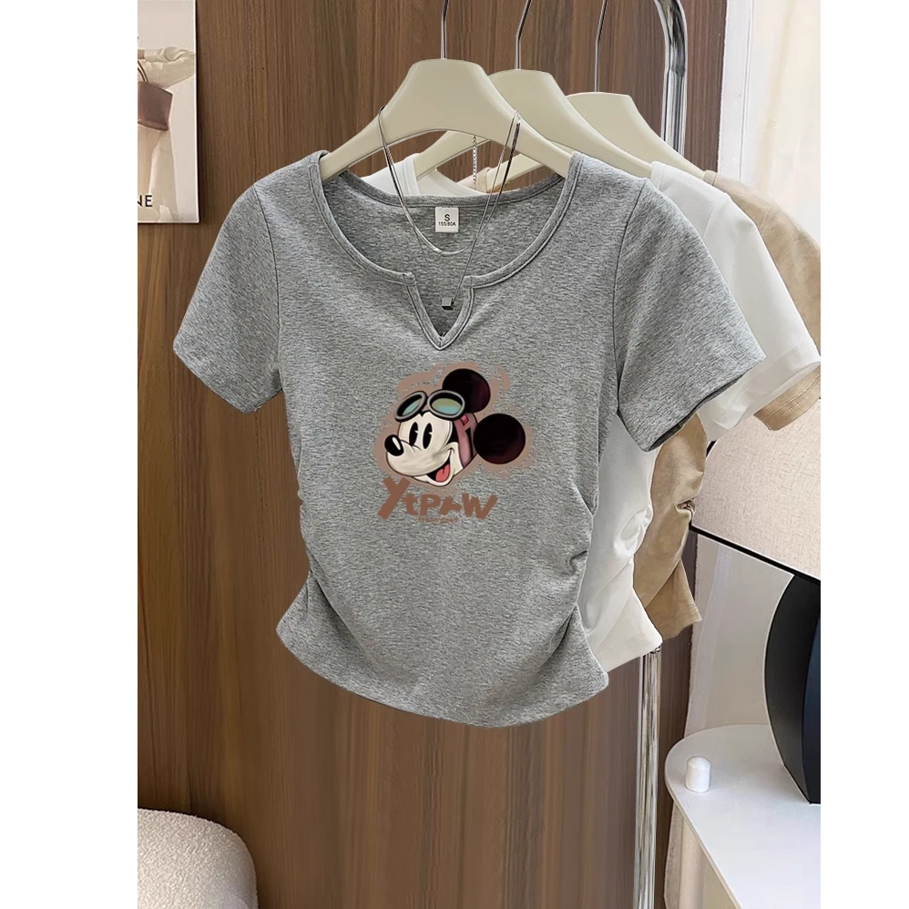 设计小众正肩短袖t恤女2025新款侧边褶皱收腰修身上衣花灰色夏季