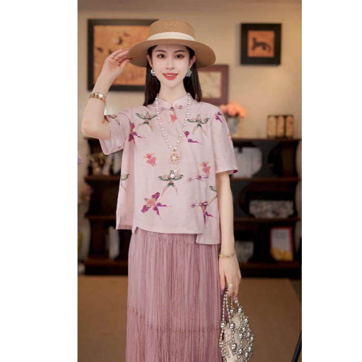 仫赐【纸鸢】2025新款中国风新中式夏季短袖轻薄透气中袖上衣G8522
