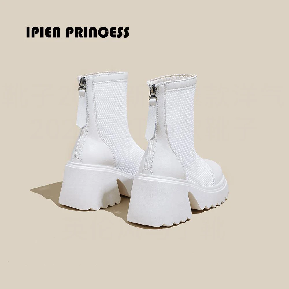 白色马丁靴女2025夏季新款网面短靴薄款时尚百搭高跟厚底增高凉靴