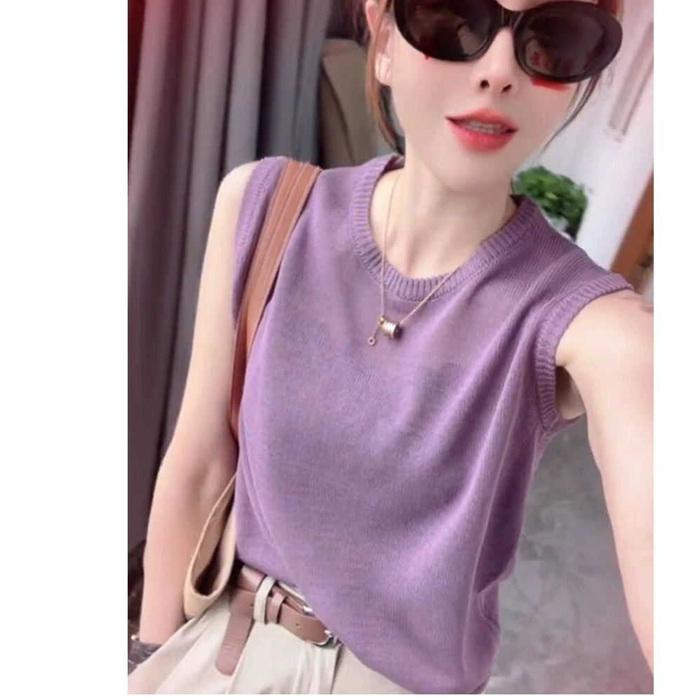 韩系无袖圆领针织背心女2025夏季款简约温柔色系时尚气质T恤小衫
