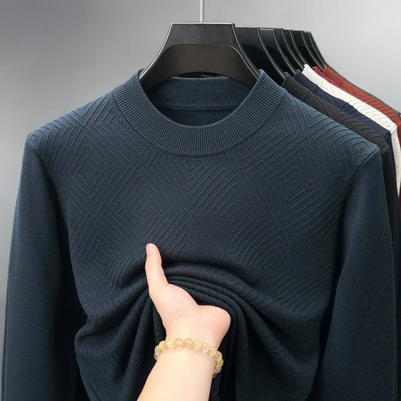 加绒中领圆领冬季长袖针织秋冬薄款针织衫毛衣衫菱形男士休闲修身