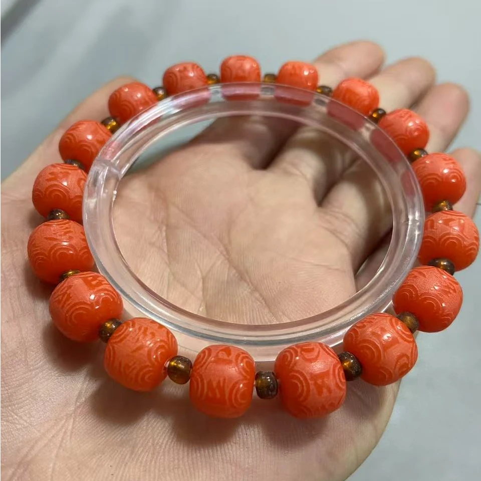 P810橘红菩提回纹雕刻珠卡1.1单圈手串