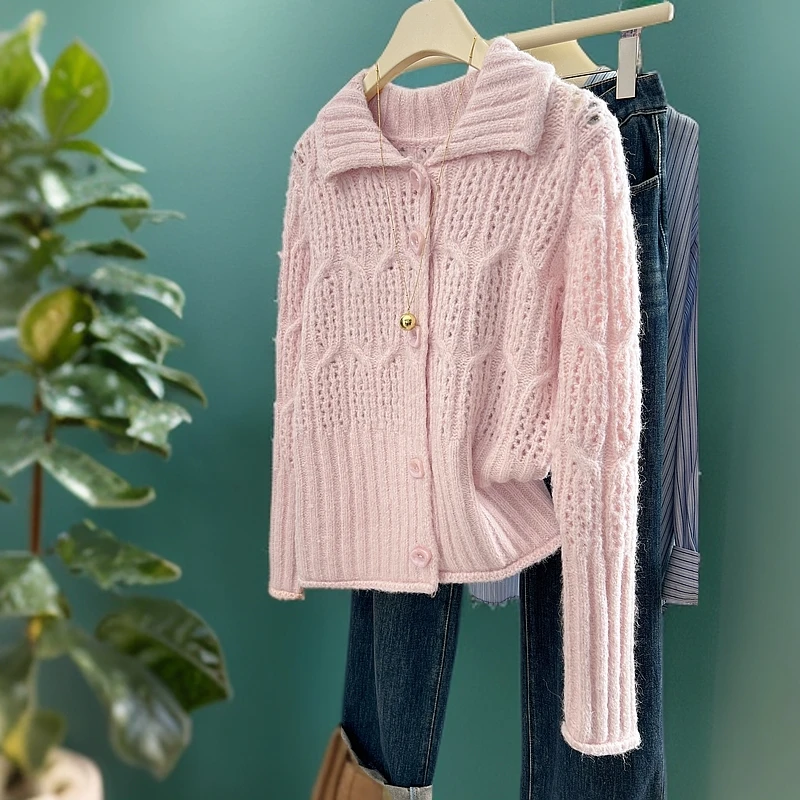 打底慵懒高级感韩系粉色针织开衫小香风温柔娃娃领秋冬毛衣外套女